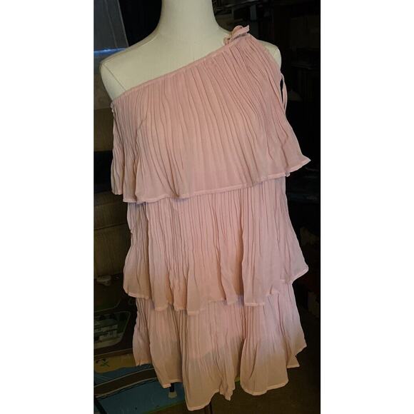 Women's One Shoulder Tie Strap Lightweight Layered Short Dress Pink NWT Size XL - Picture 2 of 4